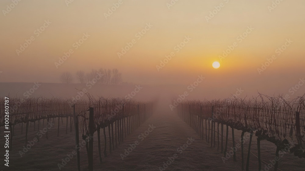 Fototapeta premium Sunrise over Vineyard in Fog
