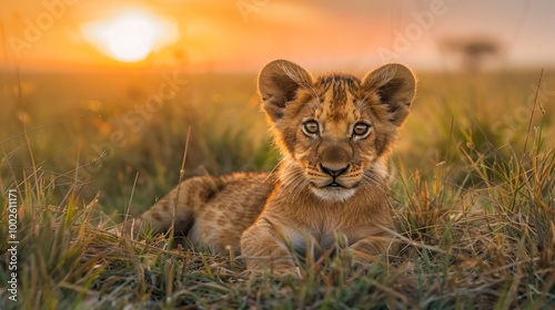 A young lion cub lies in the savannah at sunset