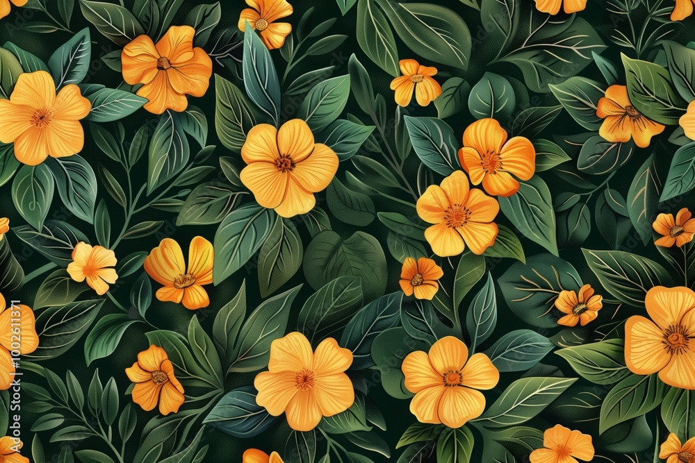 A floral pattern with many orange flowers and green leaves A floral pattern with many orange flowers and green leaves
