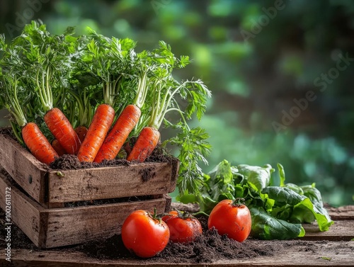 An organic farm-to-table scene with freshly harvested vegetables like carrots, tomatoes, and leafy greens, still covered in soil, placed in a rustic wooden basket photo