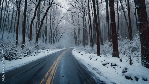 Long Asphalt road on frozen white forest. Snowy ice frost trees nature landscape. Cold winter season snow yellow stripe path