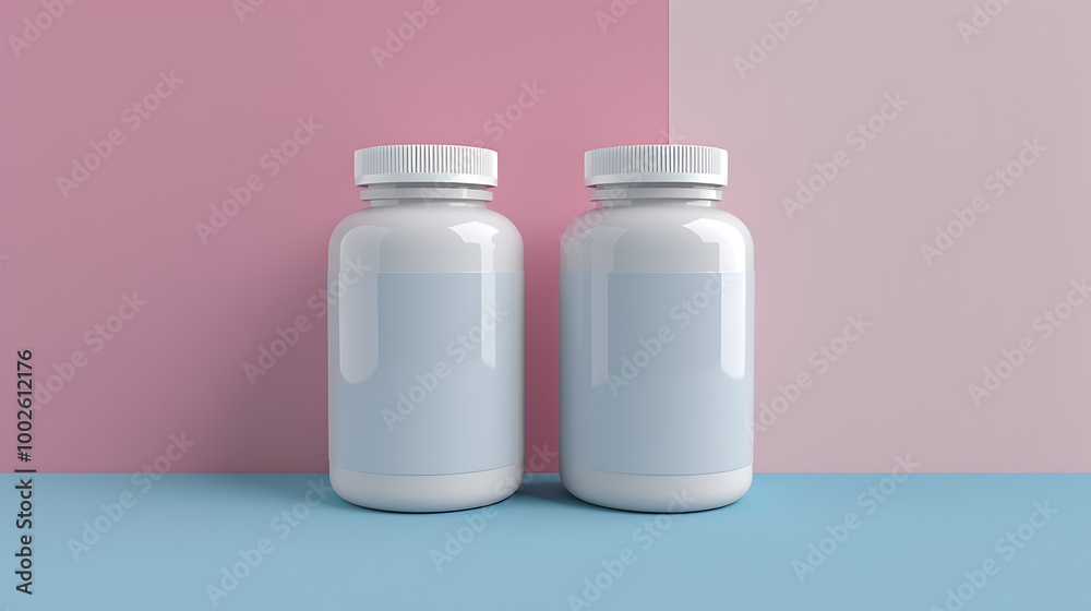 Two white pill bottles with blank labels on a pink and blue background. Two white pill bottles with blank labels on a pink and blue background.