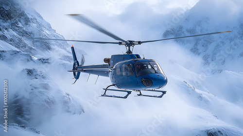 Blue Helicopter Flying Over Snow-Covered Mountains 