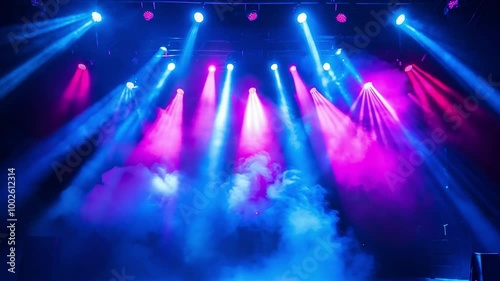 Vibrant stage lighting creates an electrifying atmosphere at an evening concert with colorful beams and fog effects