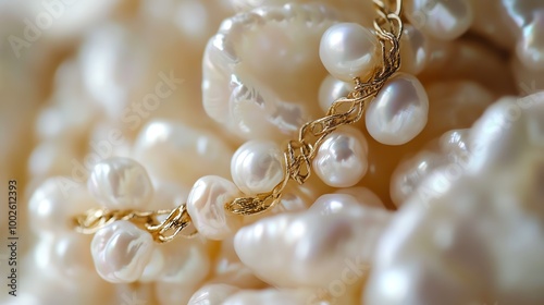 A close-up view of beautiful pearls intertwined with a delicate gold chain, exuding elegance and luxury.