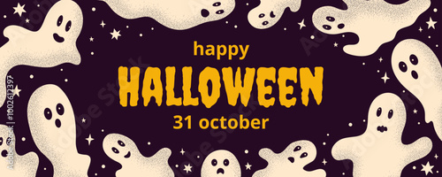 Rectangular banner for celebration Halloween. Different ghost shadows on black backdrop. Retro style. Noise texture effect. Design for invitation, advertising, decoration.
