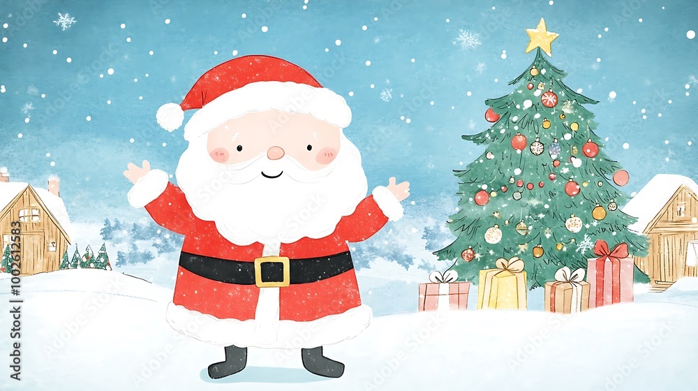 Cheerful Santa Claus Welcoming You in a Winter Wonderland with a Beautiful Christmas Tree Cheerful Santa Claus Welcoming You in a Winter Wonderland with a Beautiful Christmas Tree