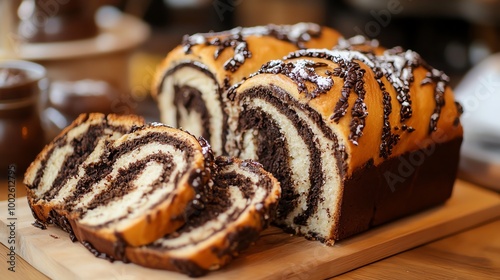 A fresh loaf of chocolate babka bread, showcasing its beautiful swirls and crumb texture, perfect for baking enthusiasts. photo