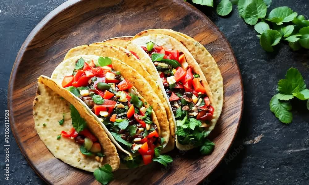 A beautifully plated trio of mushroom tacos accented with colorful vegetables and garnished with fresh cilantro, all placed on a round wooden serving tray. Video