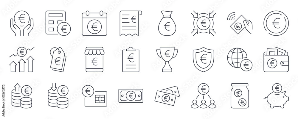 Vector icons money. European Union currency euro, banknotes and coins. Payment and budget, bank account and invoice. Rate decrease and increase, wallet and prize. Editable stroke thin line set.