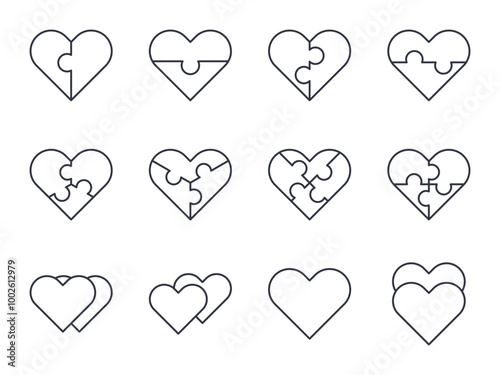 Vector icons puzzle heart. Symbols of love and friendship, two halves. Falling in love and cooperation, parts of whole. Valentine's day, zigzag puzzles and 2 hearts together. Editable stroke line set.