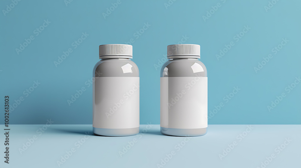 Two blank white bottles with white caps on a blue background. Two blank white bottles with white caps on a blue background.