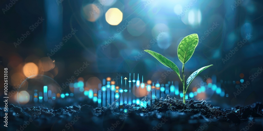 Fototapeta premium Growing Plant: A plant growing with business growth charts and symbols