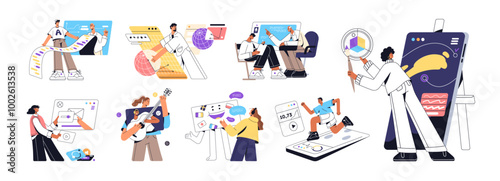 Set of online learning. Concept of remote education. Students study by laptop,computer, phone. People get knowledge by video courses in internet. Flat isolated vector illustration on white background