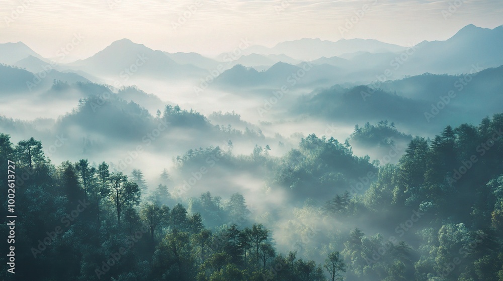 Serene Mountain Landscape with Misty Forests