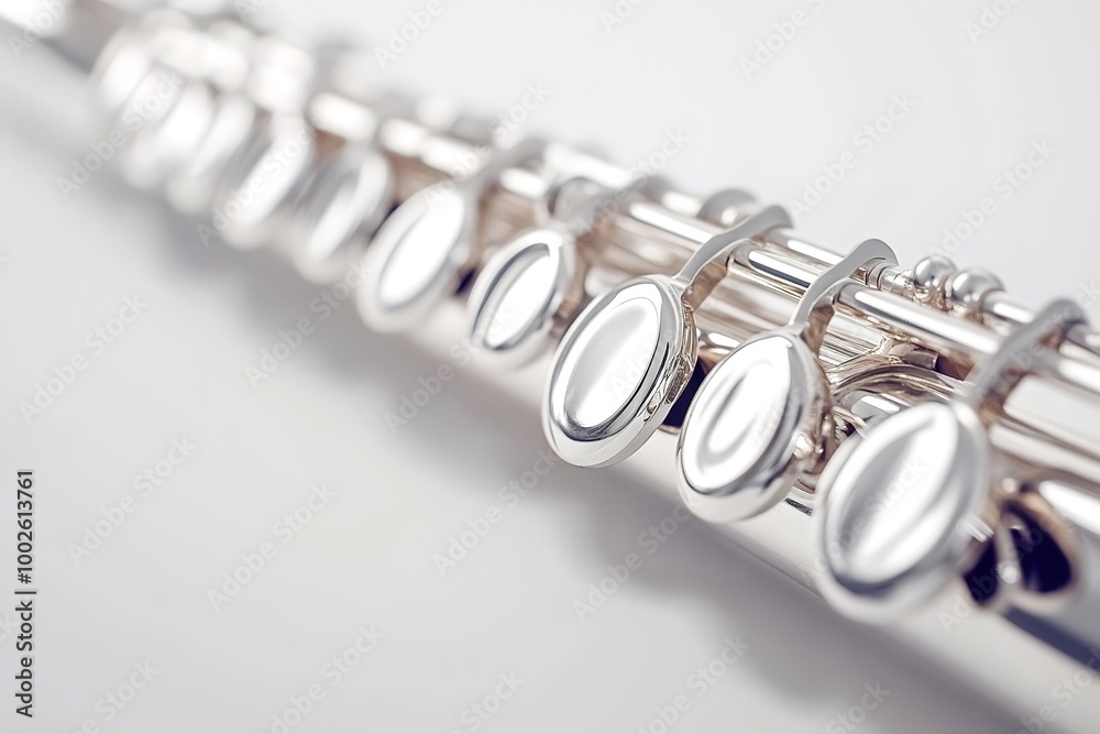 Close-up of shiny silver flute on white gradient Close-up of shiny silver flute on white gradient