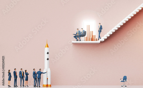 Business people introducing a new startup idea to investors. Rocket as symbol of startup. Business environment concept with stairs and open door. 3D rendering