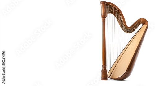 Classic wooden harp on white background, copy space