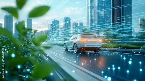 A futuristic car drives on a city road, surrounded by a digital landscape, symbolizing innovation and smart technology in urban mobility.