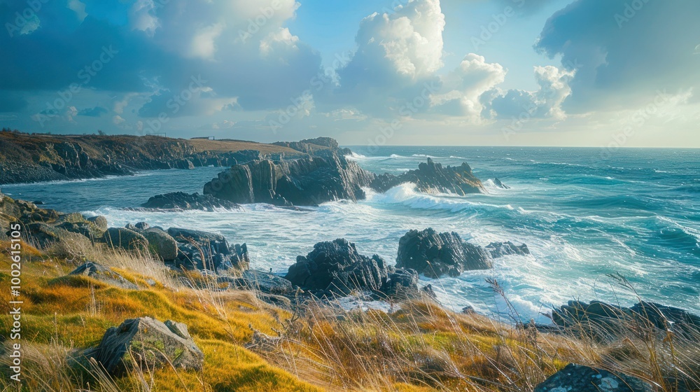 Rocky Coastline: A rugged European coastline with rocky outcrops and waves Rocky Coastline: A rugged European coastline with rocky outcrops and waves