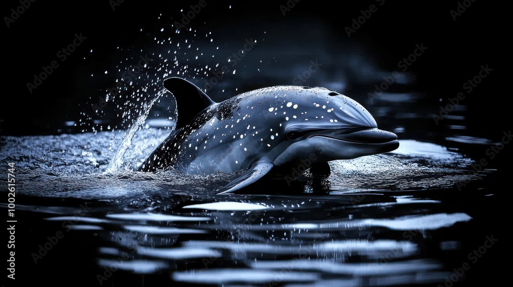 Obraz premium A playful dolphin emerges from deep waters, sending sprays into the evening air