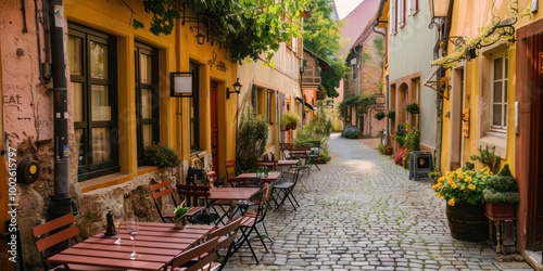 Fototapeta Naklejka Na Ścianę i Meble -  Street Cafe: A quaint European street with outdoor cafes and tables