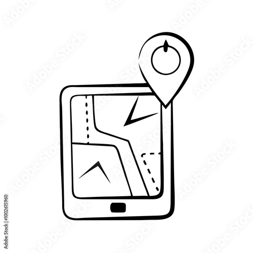 Map on tablet, line icon, black and white, navigation symbol