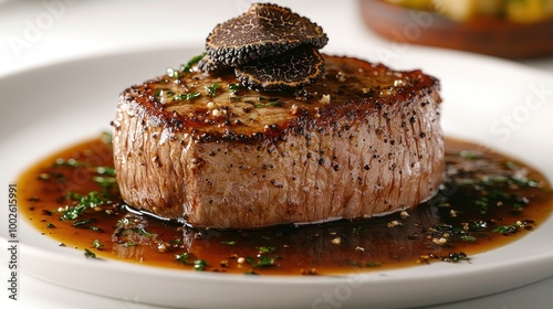 Fototapeta Naklejka Na Ścianę i Meble -  Luxurious beef filet topped with truffles and herbs served on a fine dining plate