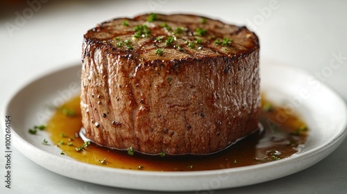 A beautifully cooked steak resting in a savory sauce, garnished with fresh herbs