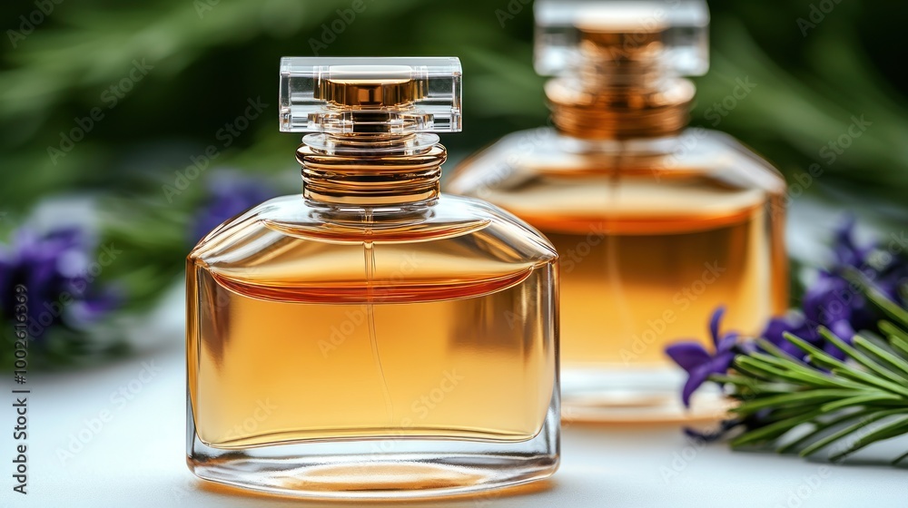 Charming perfume bottles catch the light, surrounded by vibrant blossoms Charming perfume bottles catch the light, surrounded by vibrant blossoms