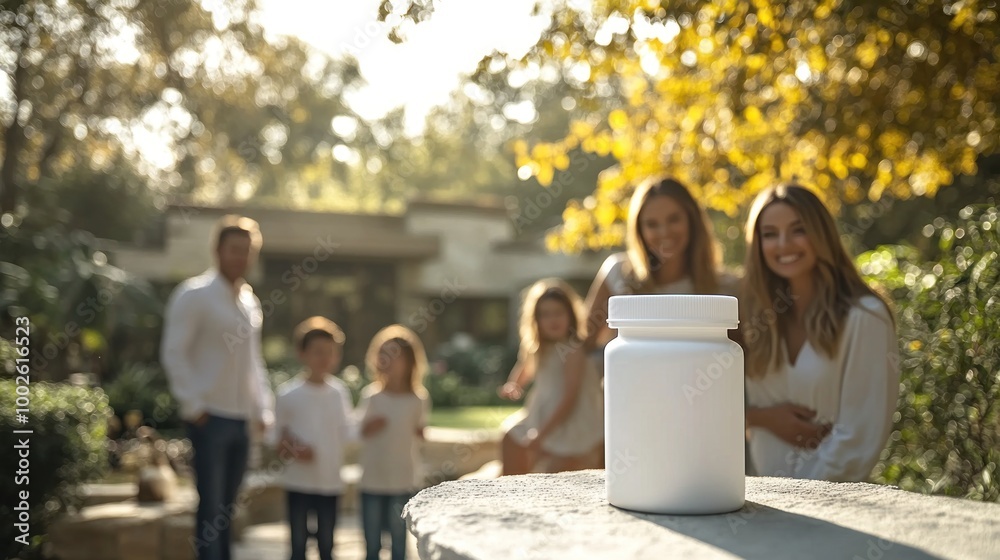 Four family members smile in sunlight while a bottle stands proudly on the ledge Four family members smile in sunlight while a bottle stands proudly on the ledge