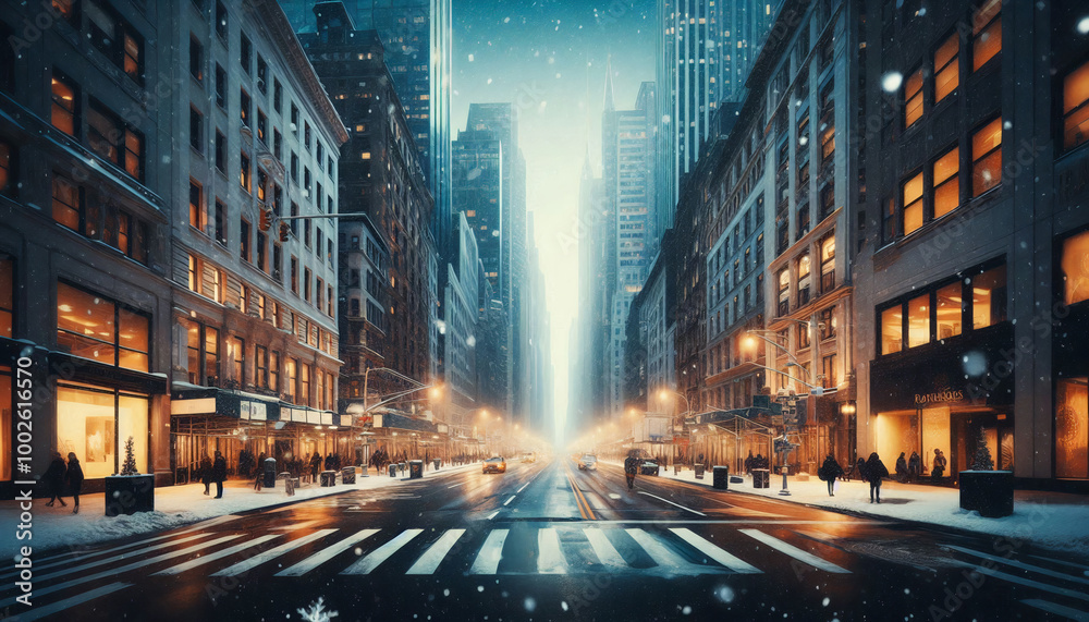 Naklejka premium A snowy city street at night, lit by warm building lights and falling snowflakes. The scene feels peaceful and quiet, with soft light reflecting off the snow-covered road