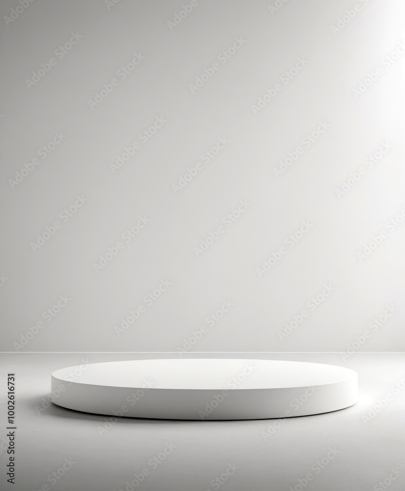 White round stand for product display - against a white wall