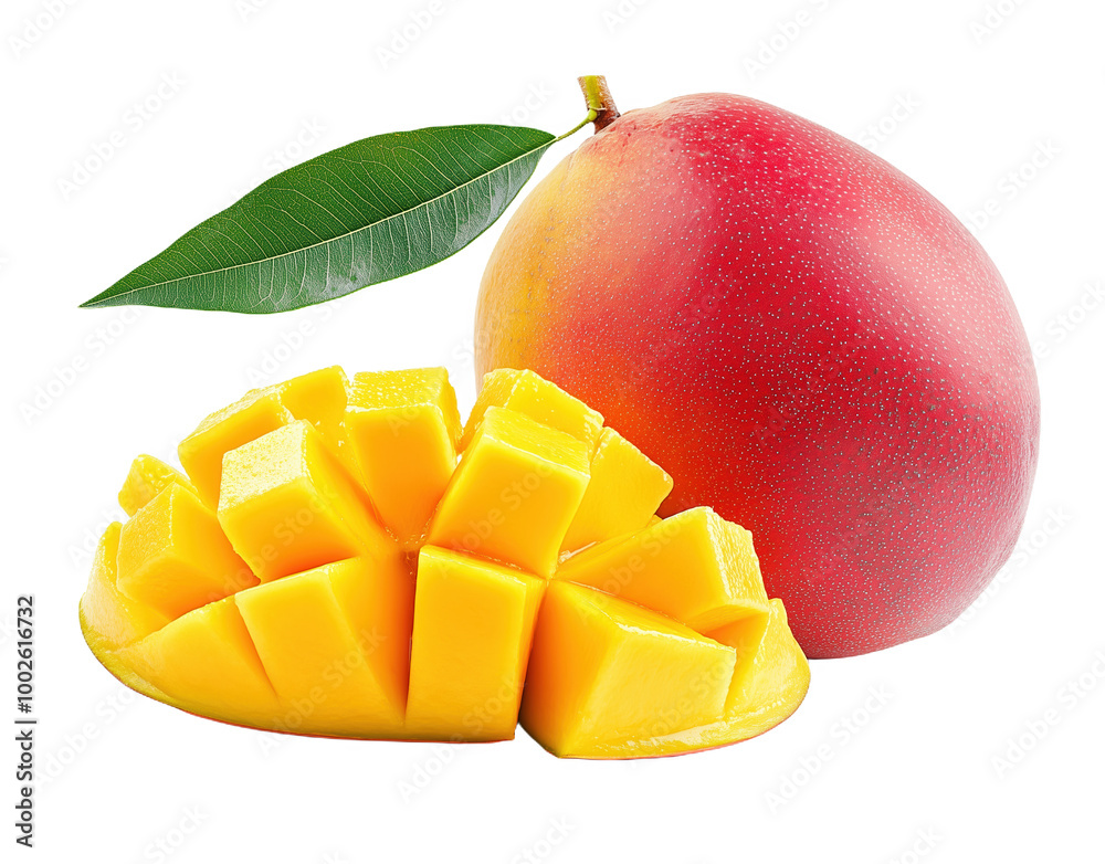 Fresh mango cubes with whole fruit and green leaf on a pure white background Fresh mango cubes with whole fruit and green leaf on a pure white background