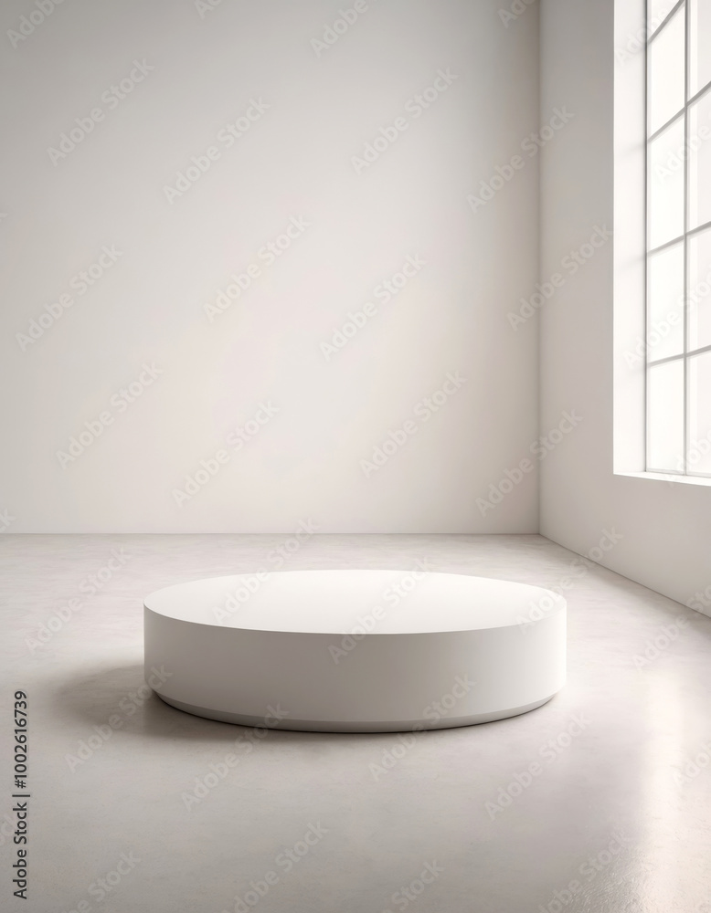 White round stand for product display - in front of a large window White round stand for product display - in front of a large window