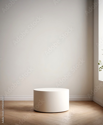 White round stand for product display - in the background of the window