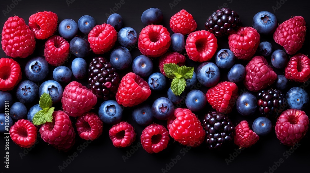 An Assortment of Fresh Berries Displayed With Mint Leaves on a Dark Background An Assortment of Fresh Berries Displayed With Mint Leaves on a Dark Background