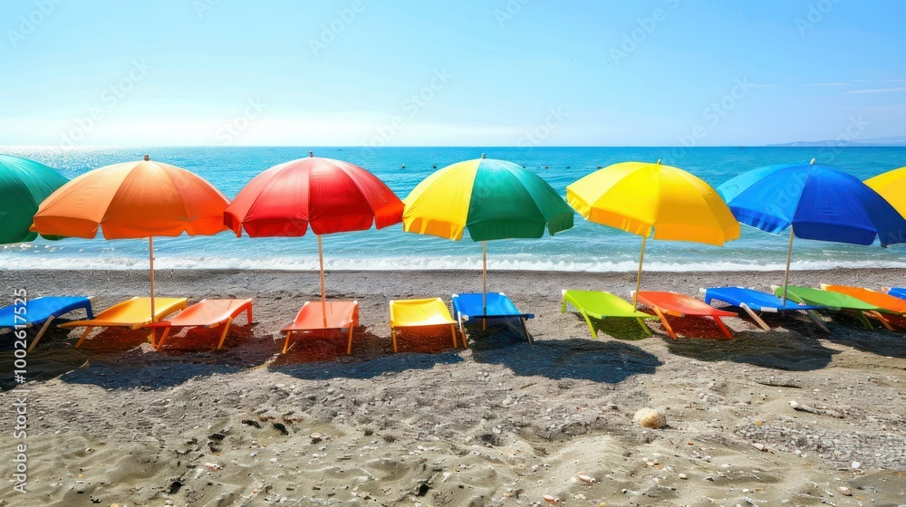 Beach Umbrellas: Colorful beach umbrellas lined up on a European beach Beach Umbrellas: Colorful beach umbrellas lined up on a European beach