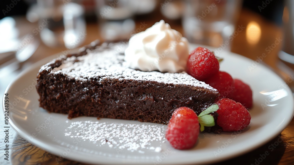 Delicious chocolate cake slice topped with whipped cream and raspberries, perfect for dessert lovers and special occasions. Delicious chocolate cake slice topped with whipped cream and raspberries, perfect for dessert lovers and special occasions.