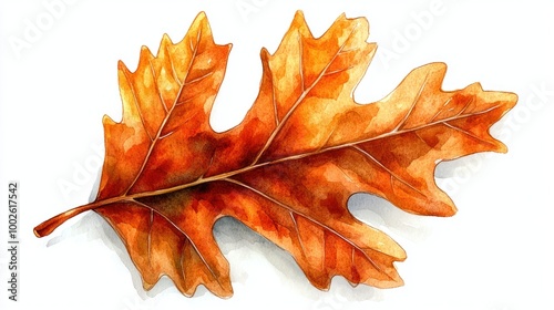 A beautiful, detailed oak leaf displays stunning shades of orange and gold