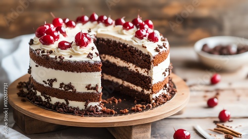 Delicious chocolate cake with whipped cream and cherries on top, perfect for celebrations and dessert lovers.