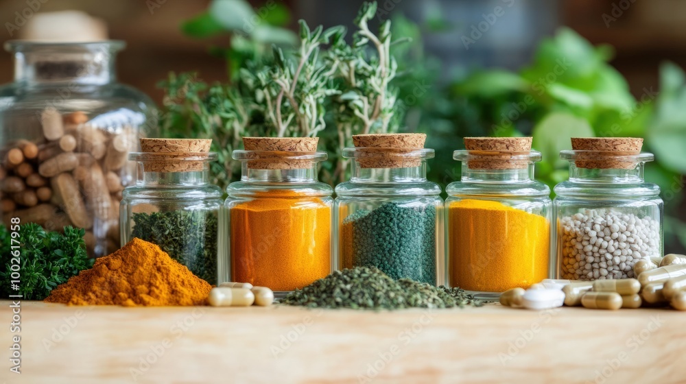 A close-up of organic supplement bottles made from natural ingredients like turmeric, spirulina, and ashwagandha, with fresh herbs and plants in the background A close-up of organic supplement bottles made from natural ingredients like turmeric, spirulina, and ashwagandha, with fresh herbs and plants in the background