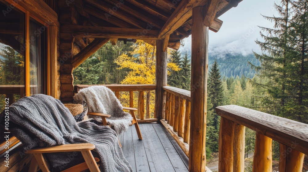 With warm wooden accents, soft blankets, and a scenic forest view in the distance With warm wooden accents, soft blankets, and a scenic forest view in the distance