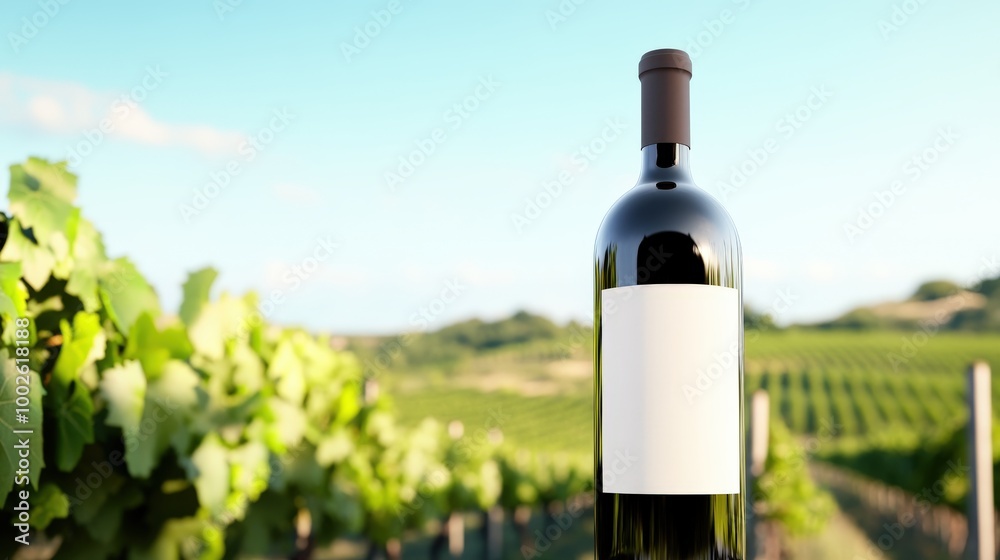 An organic wine bottle with a refined label, set against a lush vineyard under a clear blue sky An organic wine bottle with a refined label, set against a lush vineyard under a clear blue sky