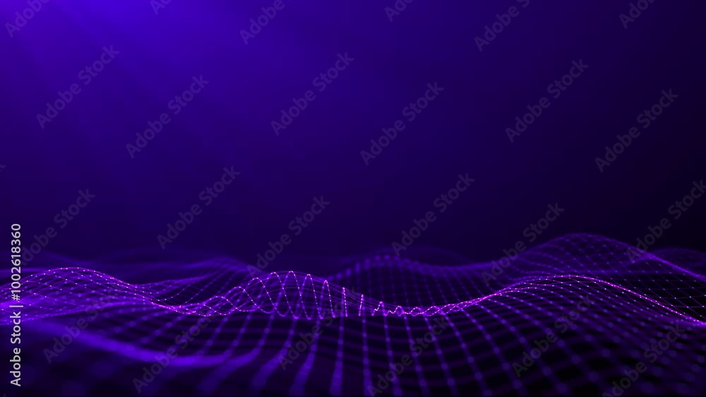 Abstract purple digital waves on dark background. Purple cinematic intro animation. Smoothly moving shiny particle waves with soft bokeh. Light technology, space, artificial intelligence. 4k loop.