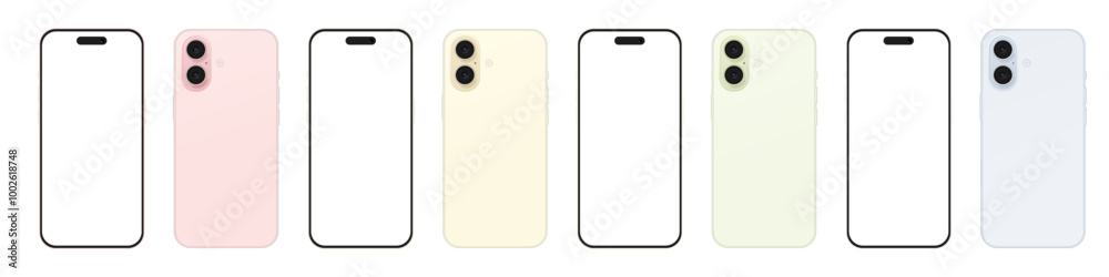 16 pro max smartphone gadget mockup with all color variants. Smartphone mockup white screen. Mock-up screen of mobile phone. Vector illustration 16 pro max smartphone gadget mockup with all color variants. Smartphone mockup white screen. Mock-up screen of mobile phone. Vector illustration