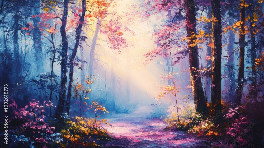 Obraz premium enchanted forest at dawn, where every leaf glows with soft, colorful light, and a mist gently blankets the ground