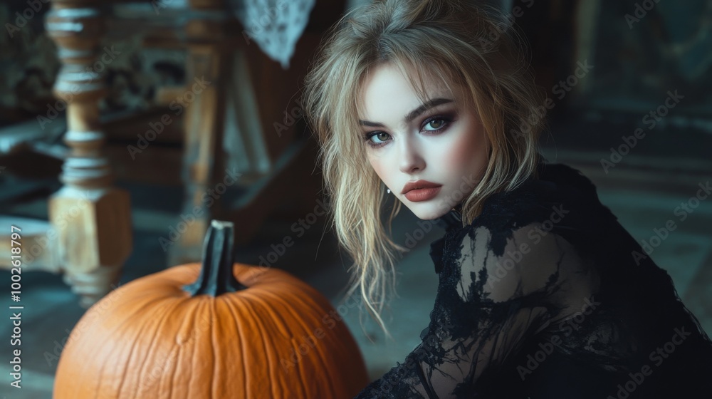 Dark Gothic Halloween Aesthetic with Pumpkins and Mysterious Girl Dark Gothic Halloween Aesthetic with Pumpkins and Mysterious Girl