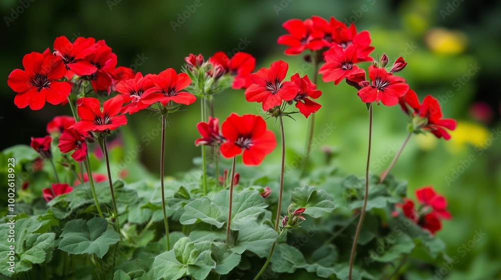 Vibrant red geraniums blooming in a lush garden during late spring showcasing nature's beauty and color diversity Vibrant red geraniums blooming in a lush garden during late spring showcasing nature's beauty and color diversity