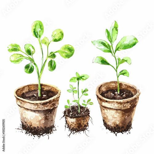 Watercolor Seedlings in Biodegradable Peat Pots for Eco-Friendly Gardening